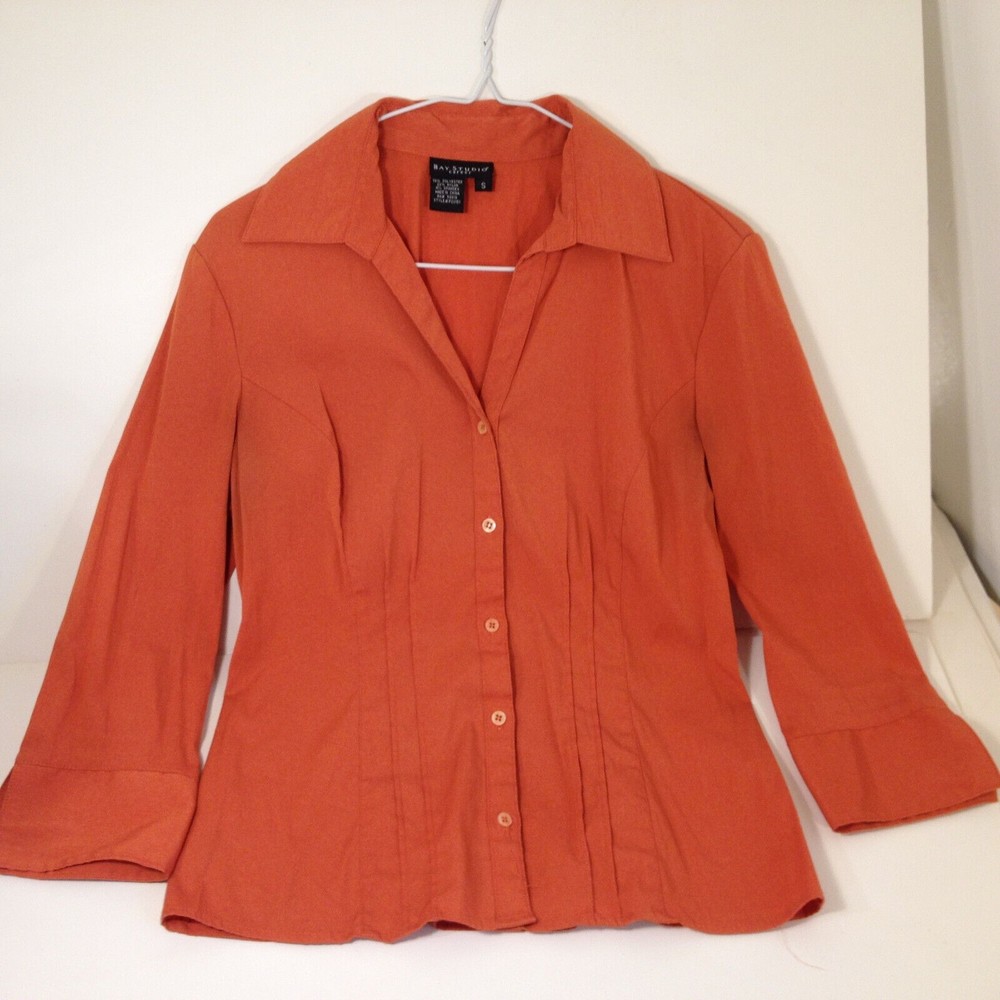 Bay Studio Career Red Stretch Blouse Button Down Up Top Size S